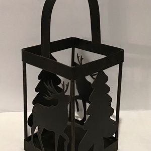 Black matte metal lantern candleholder moose and trees‎ 13” tall